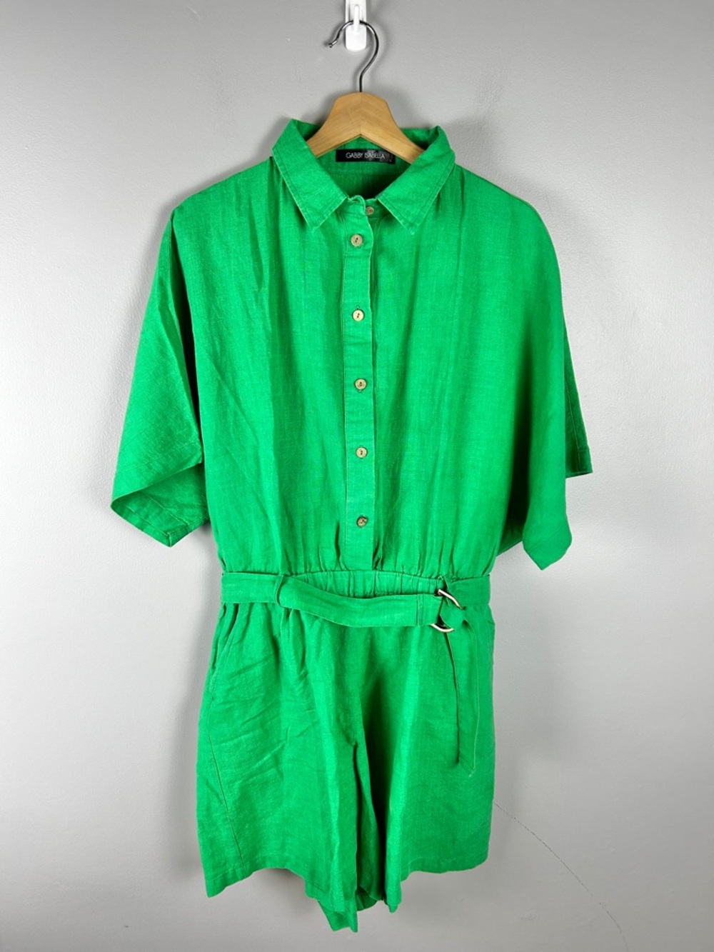 GABBY ISABELLA Kelly Green Short Linen Romper Large Beachy Breathable Oversized